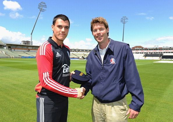 Peter Burgoyne is presented his Under19's cap by former player Nick Knight before the Under 19 International between England and South Africa.